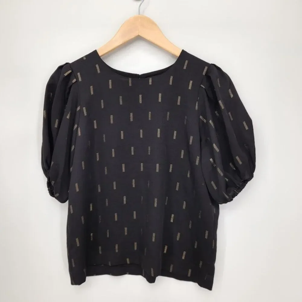 New Madewell Metallic Jacquard Puff-Sleeve Top Blouse Black Gold Size XS